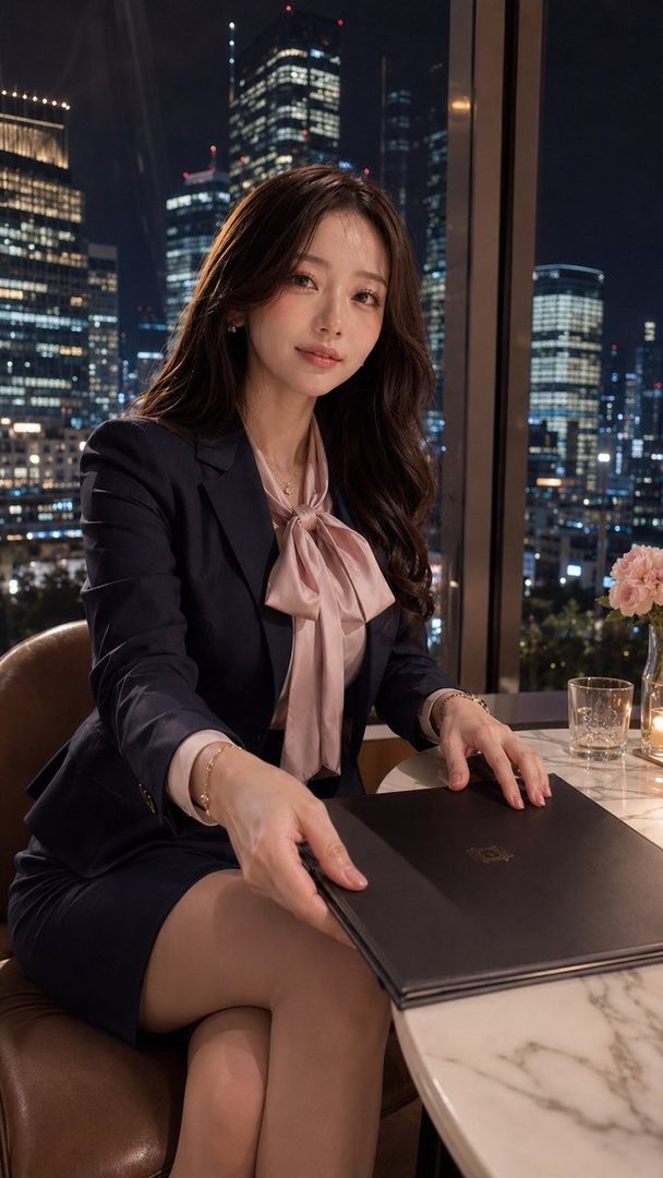 A beautiful woman in a dark business suit and a pink pussy-bow blouse sits at a table with a city night view in the background, holding a black folder.