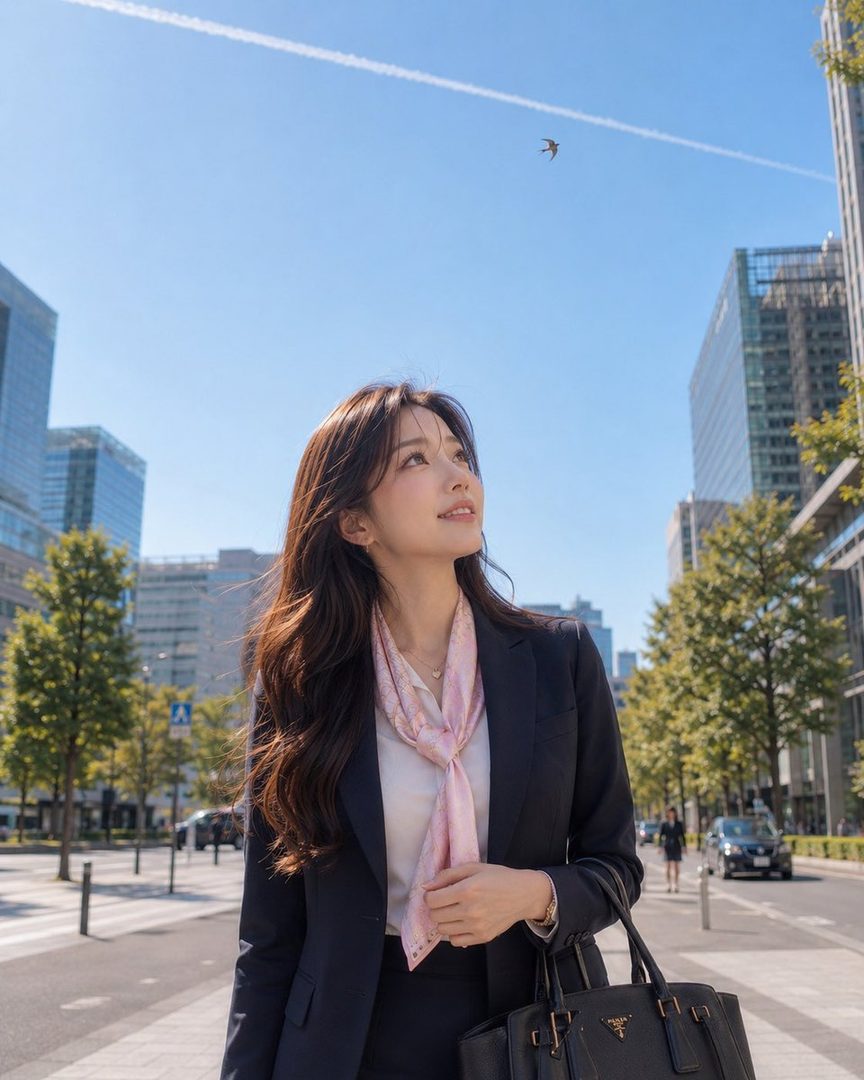 A woman in a business suit and pink scarf looks up at the clear blue sky with a bird and contrail, standing on a city street.