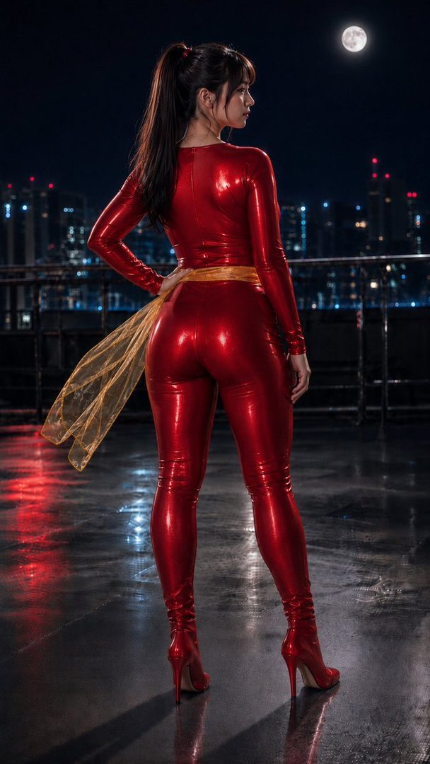 A woman in a shiny red latex catsuit and high heels stands on a rooftop at night, looking out at a city skyline under a full moon.