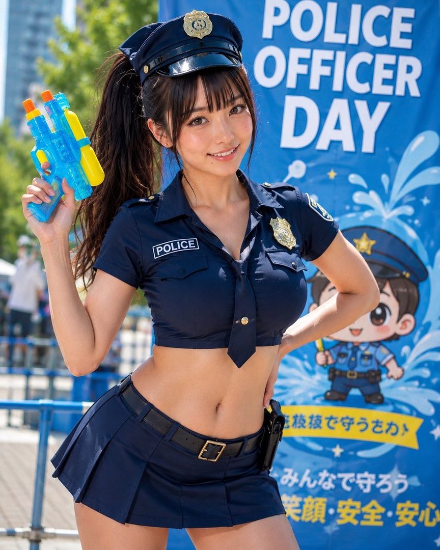 A smiling woman in a revealing police uniform, including a cropped top and mini skirt, holds a blue water gun in front of a 'Police Officer Day' banner.