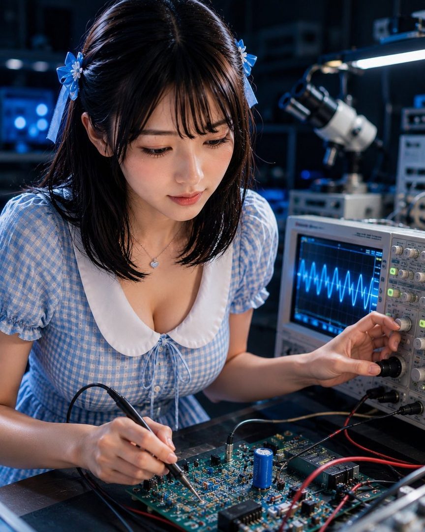 A young woman with black hair in pigtails and bangs, wearing a blue gingham dress with a white Peter Pan collar, is focused on soldering a circuit board in an electronics lab, with an oscilloscope displaying a waveform in the background.
