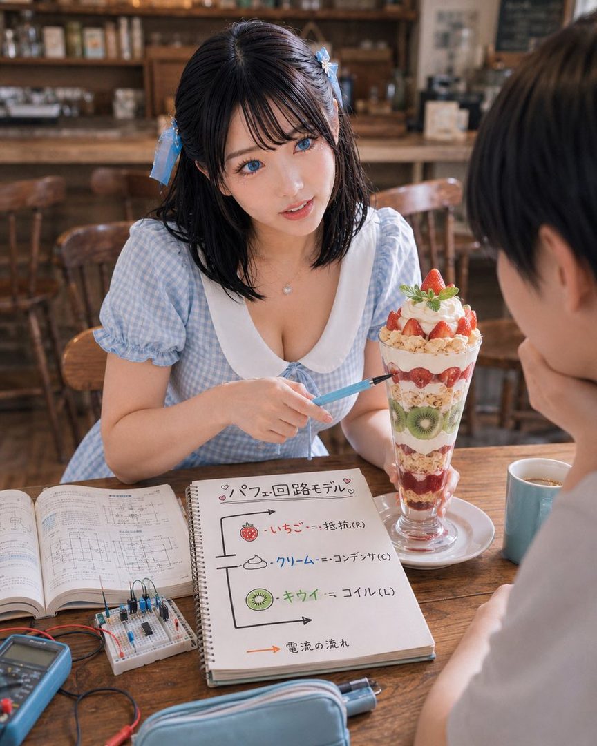 A young woman with black hair and blue eyes, wearing a blue gingham dress, sits at a cafe table with a large fruit parfait and a notebook with circuit diagrams, talking to another person.