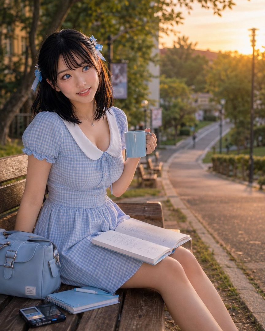 A young woman with black hair and blue eyes sits on a park bench at sunset, wearing a blue gingham dress and holding a mug, with books and a bag beside her.