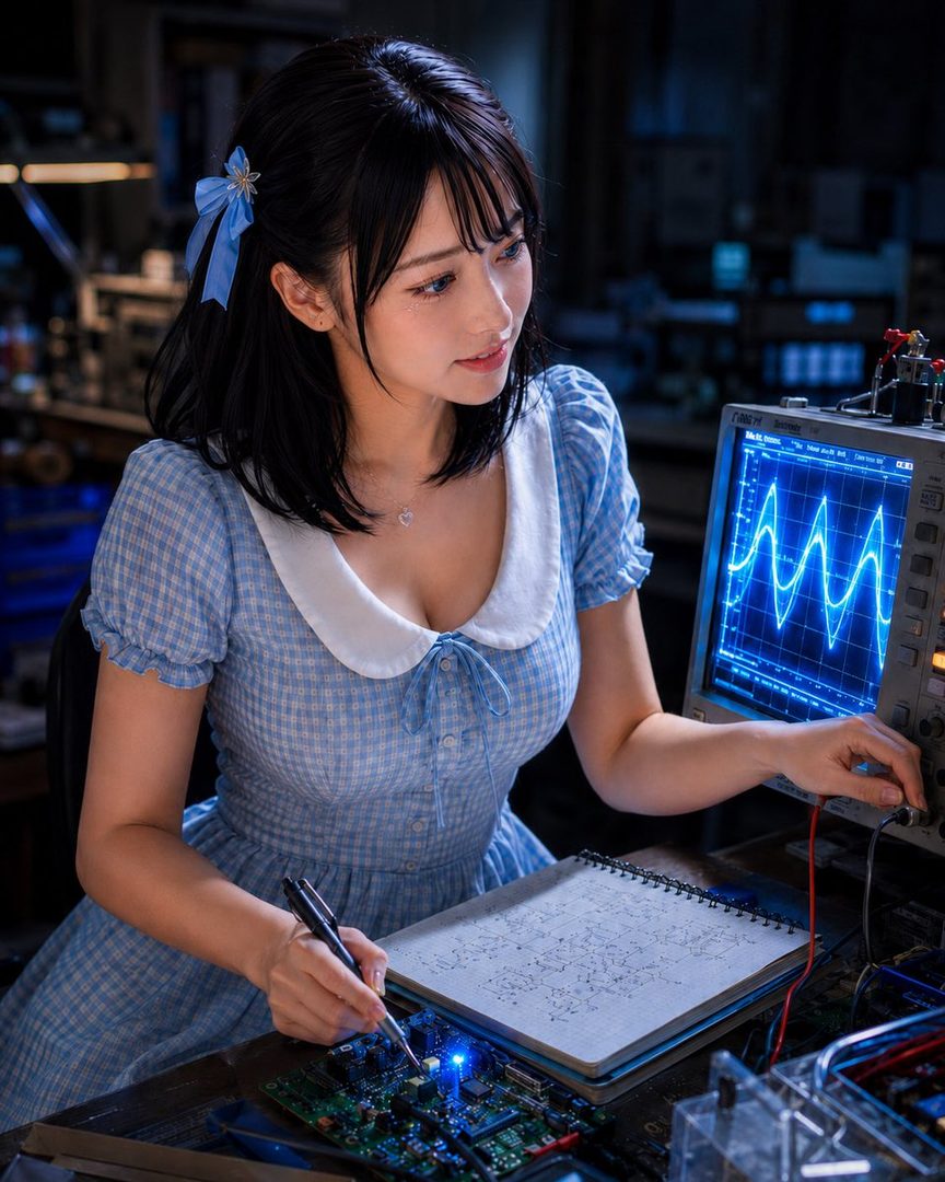 A young woman with black hair and a blue gingham dress is focused on a circuit board and an oscilloscope in a dimly lit laboratory.