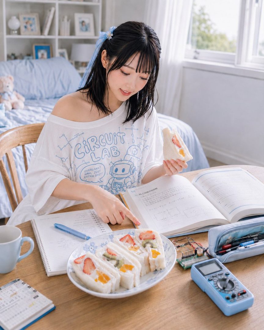 A young woman with black hair and bangs, wearing a white off-shoulder t-shirt, is studying at a wooden desk in a bright bedroom, with fruit sandwiches and a multimeter nearby.