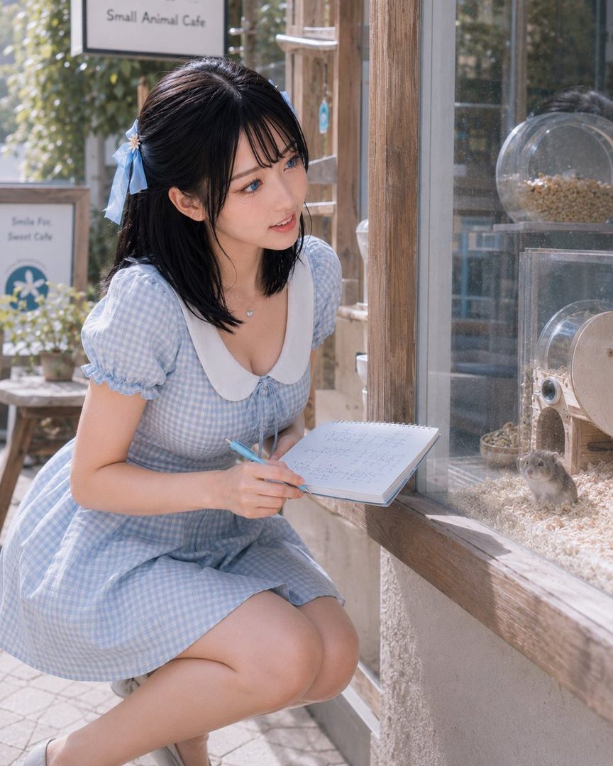 A young woman with black hair and blue eyes, wearing a light blue gingham dress, kneels and writes in a notebook while looking at a hamster in a cage at a cafe.