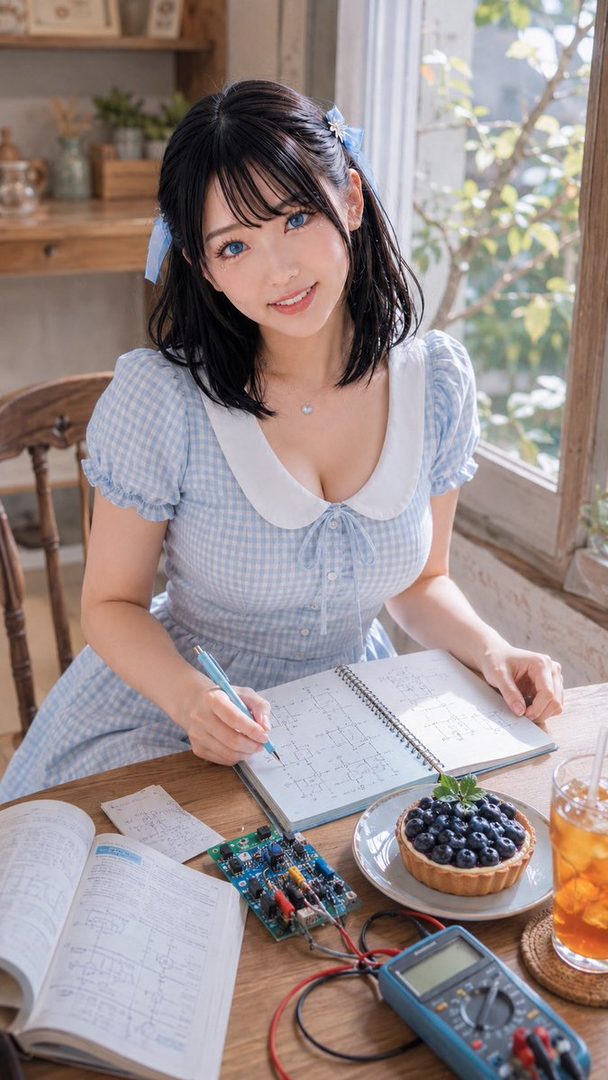 A young woman with black hair and blue eyes, wearing a light blue gingham dress, studies electronics at a cafe table with a blueberry tart and iced tea.