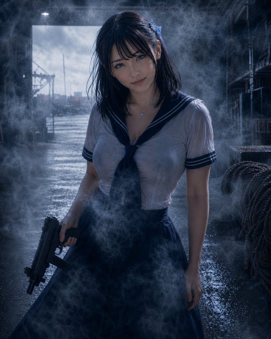 A mysterious woman in a wet sailor uniform holds a gun on a foggy industrial dock.