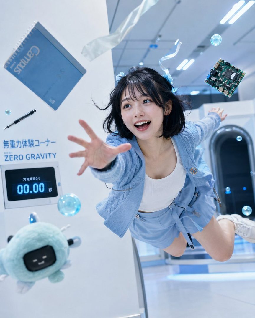 A young woman with black hair and blue ribbons in a light blue cardigan and shorts floats in a zero-gravity experience, reaching out with a joyful expression.
