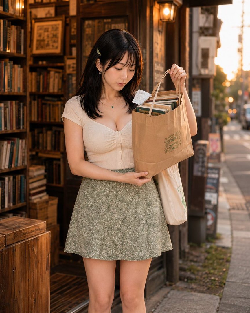 A young woman with long black hair stands outside a bookstore during golden hour, holding a paper bag full of books and looking down thoughtfully.