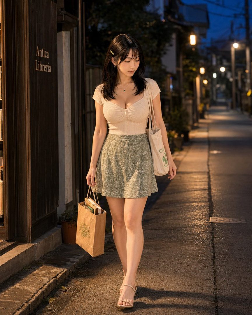 A young woman with long black hair walks down a narrow street at night, carrying shopping bags from a bookstore.