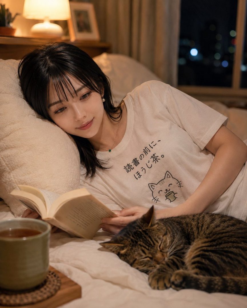 A woman with black hair and bangs is lying in bed, reading a book next to a sleeping tabby cat and a cup of tea, in a cozy, warm-lit bedroom at night.