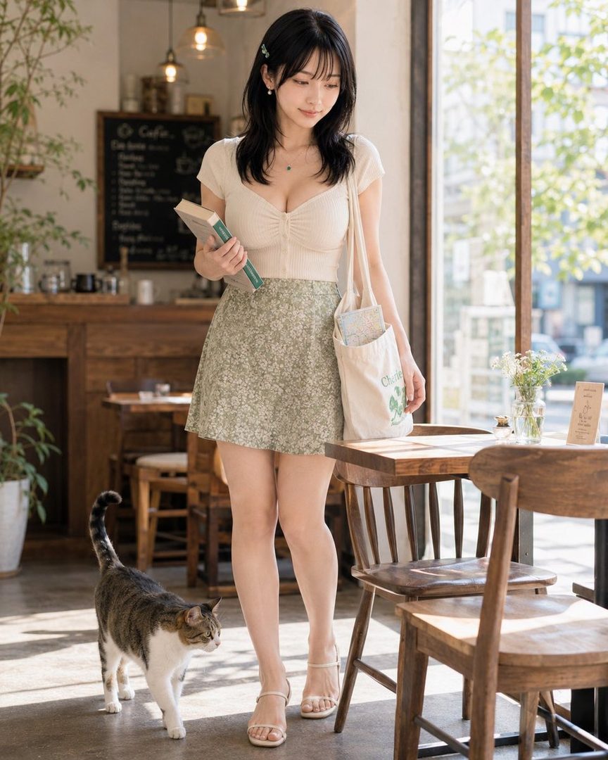 A young woman with black hair, wearing a light top and a floral skirt, stands in a cafe holding a book and a tote bag, with a cat walking nearby.