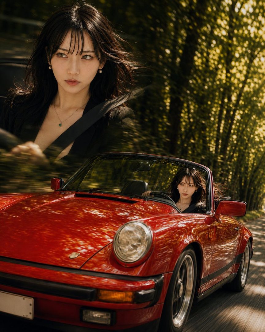 A woman with long dark hair and bangs drives a red convertible through a tree-lined road, with a close-up portrait of her face overlaid.