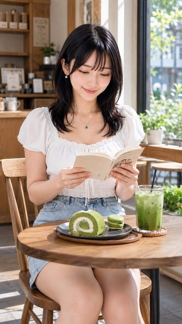 A young woman with black hair and bangs, wearing a white puff-sleeve top and denim shorts, reads a book at a cafe table with matcha roll cake and a matcha latte.