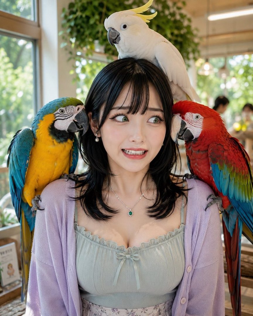 A young woman with black hair and big eyes looks surprised while surrounded by three colorful parrots in a bird cafe.