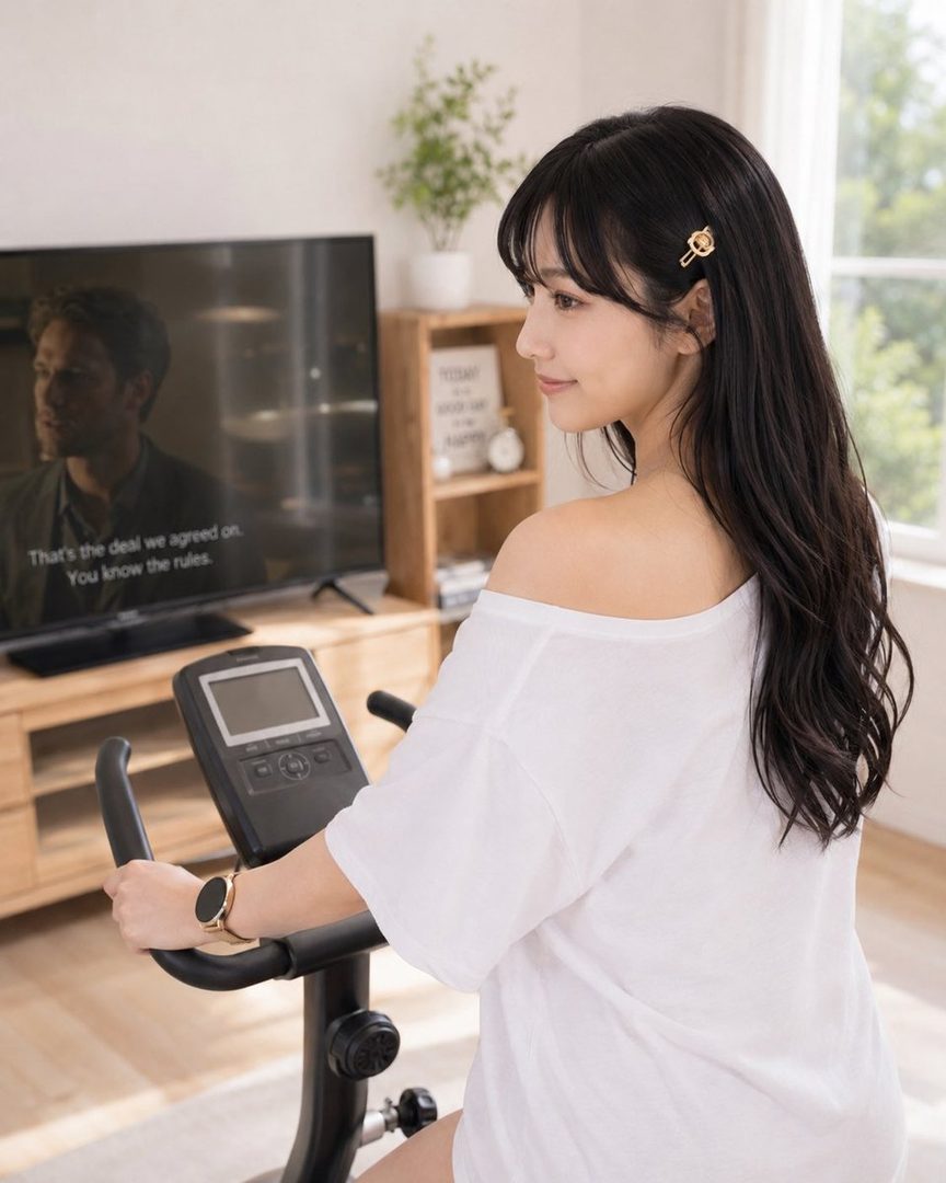 A young woman with long black hair and a white off-shoulder t-shirt is exercising on a stationary bike while watching TV in a bright living room.