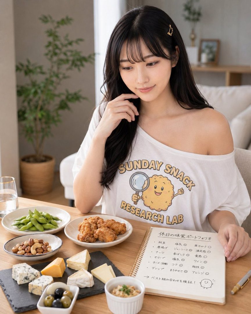 A young woman with long black hair and an off-shoulder t-shirt is looking down at a notebook while surrounded by various snacks like cheese, edamame, and fried chicken.