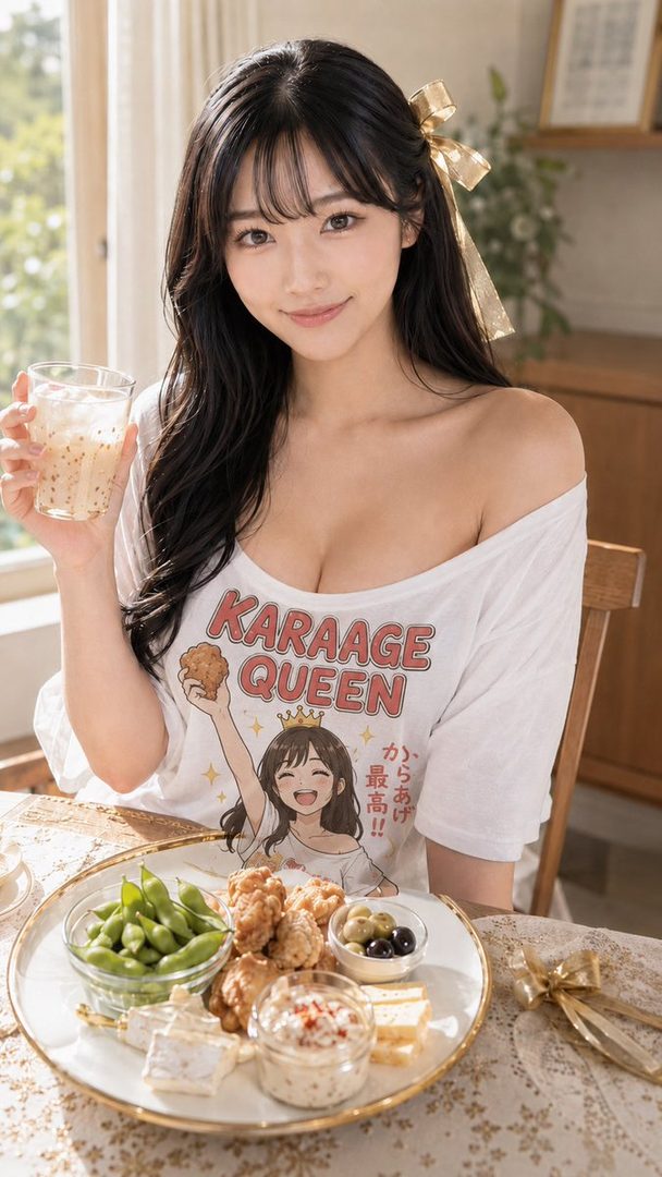 A smiling woman with long black hair and a gold ribbon in her hair, wearing an off-shoulder t-shirt, holds a glass of drink while sitting at a table with a plate of snacks.