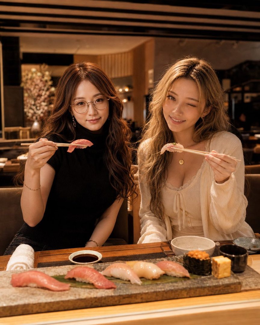 Two women are enjoying sushi at a restaurant, one wearing glasses and a black top, the other winking and wearing a cream cardigan.