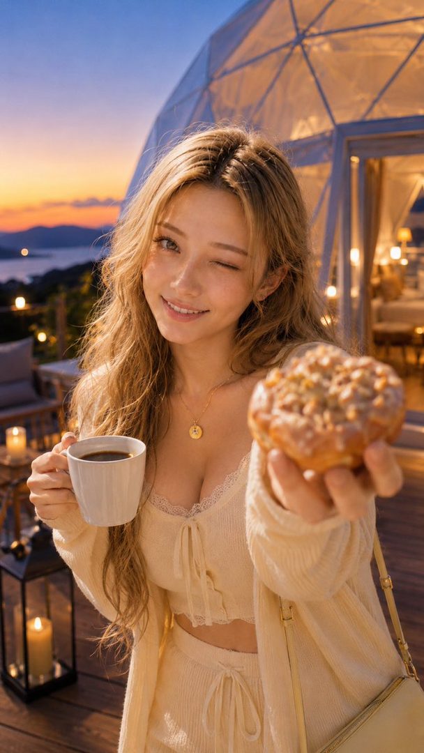 A young woman with long blonde wavy hair winks at the camera while holding a cup of coffee and a donut, dressed in cozy loungewear at a glamping resort during sunset.