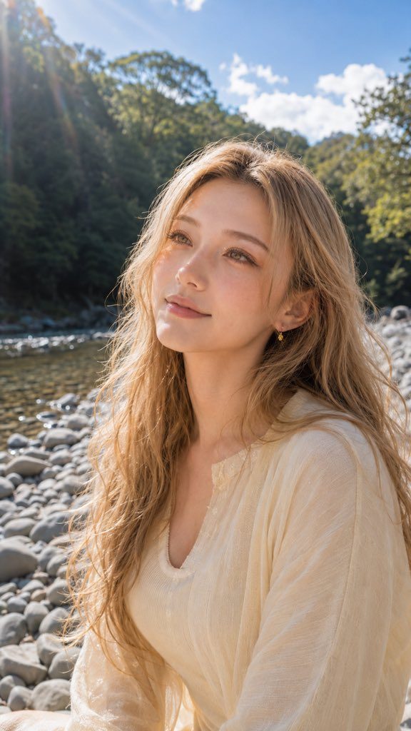 A beautiful woman with long blonde wavy hair and freckles looks up towards the sky, bathed in sunlight by a rocky riverbank with lush green trees in the background.