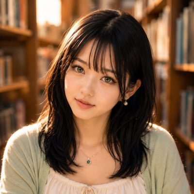 A beautiful young woman with black hair and bangs, wearing a light green cardigan and a necklace, poses in a library with warm lighting.