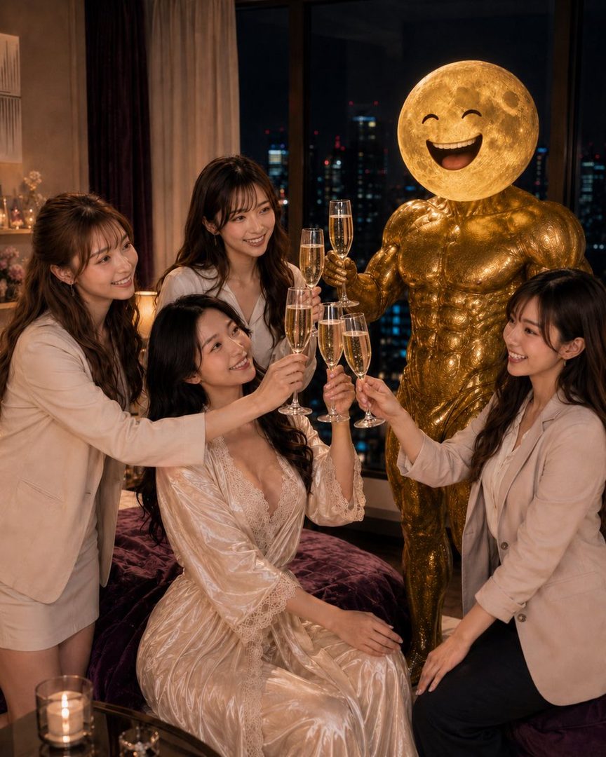 Four women and a golden moon-headed statue are toasting with champagne glasses in a luxurious apartment at night.