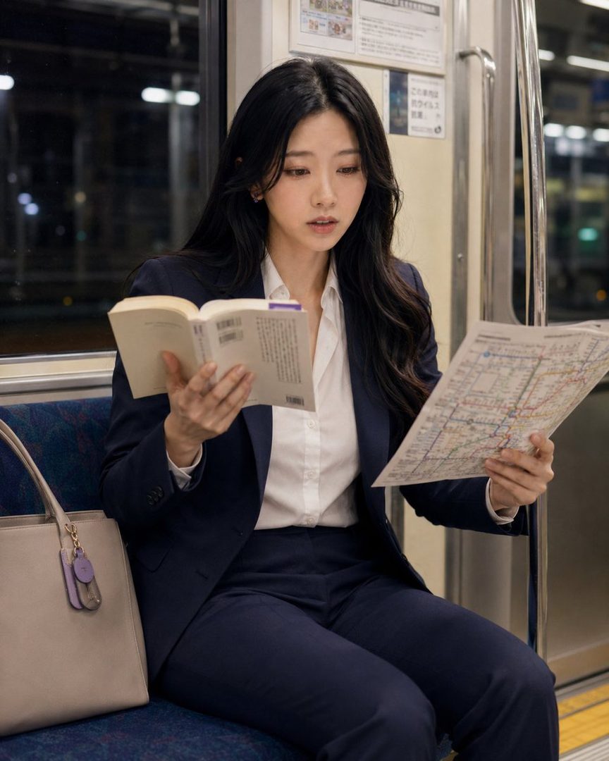 A young woman with long black hair, dressed in a dark blue business suit and white shirt, sits on a subway train reading a book and looking at a map.