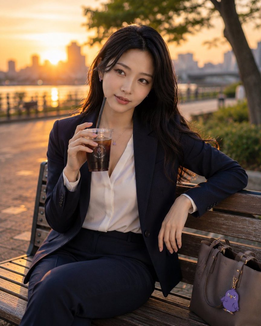 A beautiful woman in a business suit sits on a park bench at sunset, holding a cup of iced coffee.