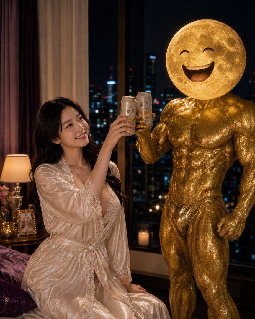 A smiling woman in a satin robe clinks beer cans with a golden, muscular figure with a moon emoji head in a luxurious apartment at night.