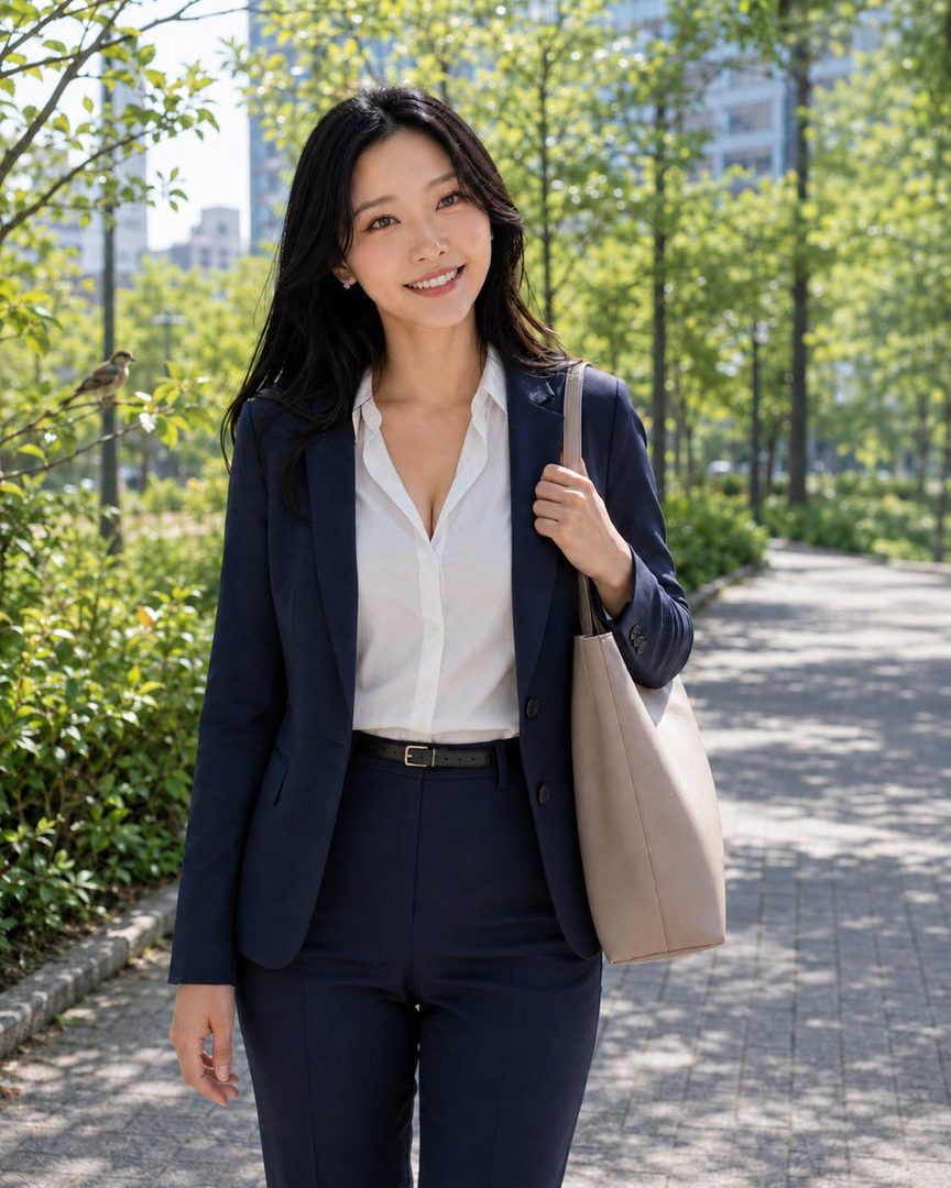 A smiling woman with long black hair in a navy business suit and white shirt walks through a sunny park, carrying a beige tote bag.