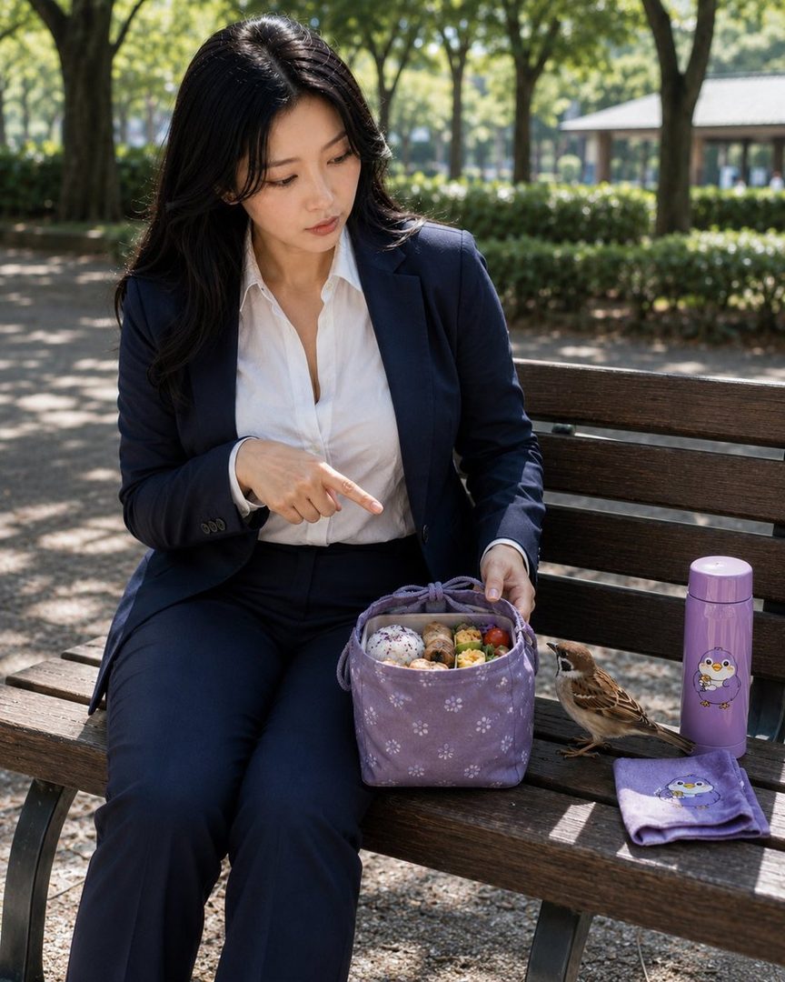 A woman in a business suit sits on a park bench, pointing at a bento box next to a sparrow, with a purple thermos and towel nearby.