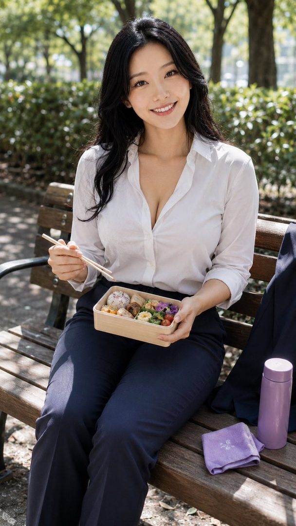 A smiling woman with long black hair sits on a park bench, holding a bento box and chopsticks, wearing a white button-up shirt and dark pants.