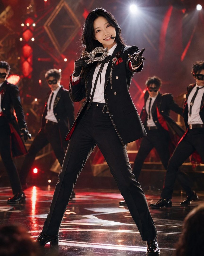 A woman in a black tuxedo holds a masquerade mask on a brightly lit stage, with other performers in the background.