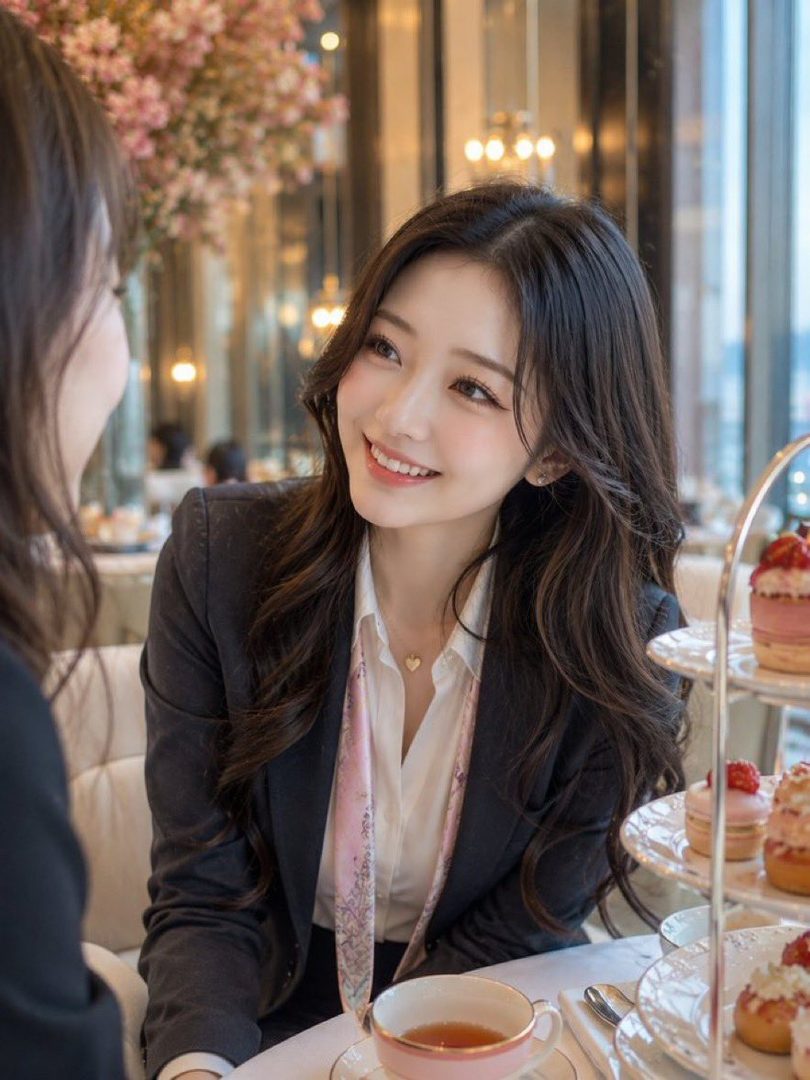 A smiling woman with long dark hair wearing a blazer and white shirt with a patterned scarf, enjoying afternoon tea in a cafe.
