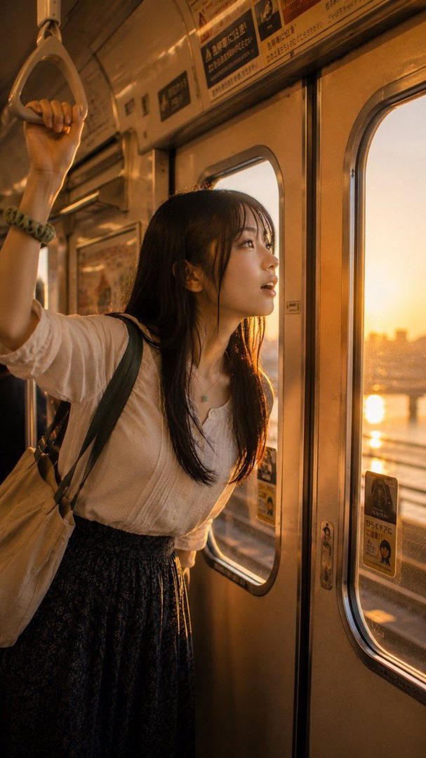 A young woman with long dark hair looks out a train window during sunset, holding onto a hand strap.