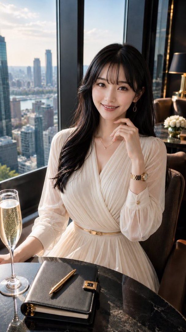 A beautiful woman with long black hair and a cream-colored dress smiles while sitting at a table with a glass of champagne and a notebook, overlooking a city skyline.