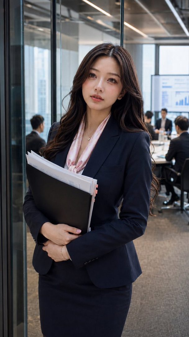 A professional-looking woman with long dark wavy hair, wearing a dark business suit and a pink scarf, stands in an office holding a folder.