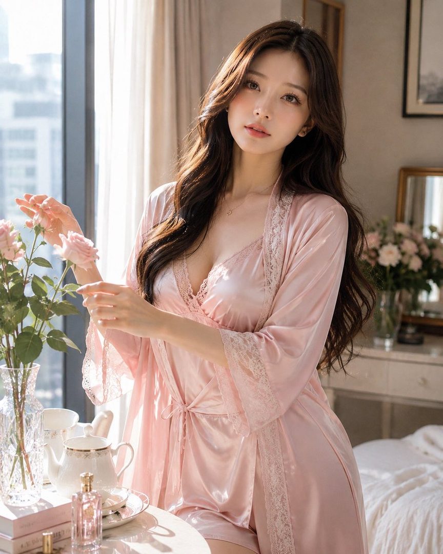 A beautiful woman with long dark wavy hair wears a pink satin robe and holds a pink rose while standing by a window with a tea set.