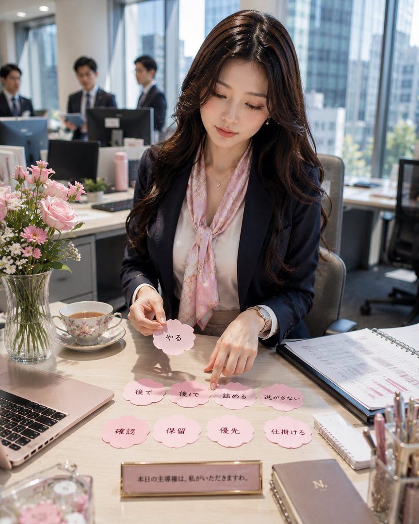 A focused woman with long dark hair, wearing a blazer and pink scarf, sits at an office desk with a laptop, flowers, and pink paper cutouts with Japanese text.