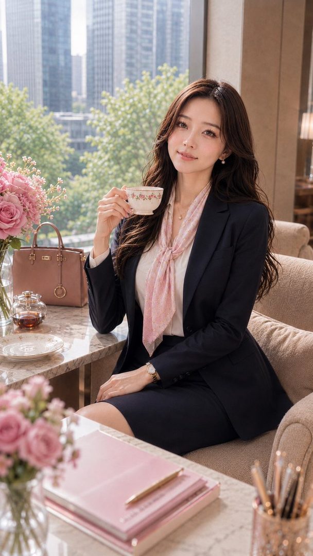 A sophisticated woman in a navy business suit and pink scarf sips tea at a cafe table with a city view, surrounded by pink roses and a matching handbag.