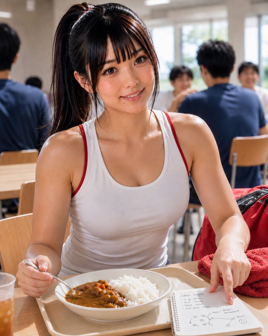 A young woman with black hair in a ponytail and bangs, wearing a white tank top, smiles while eating curry and rice in a bright cafeteria.