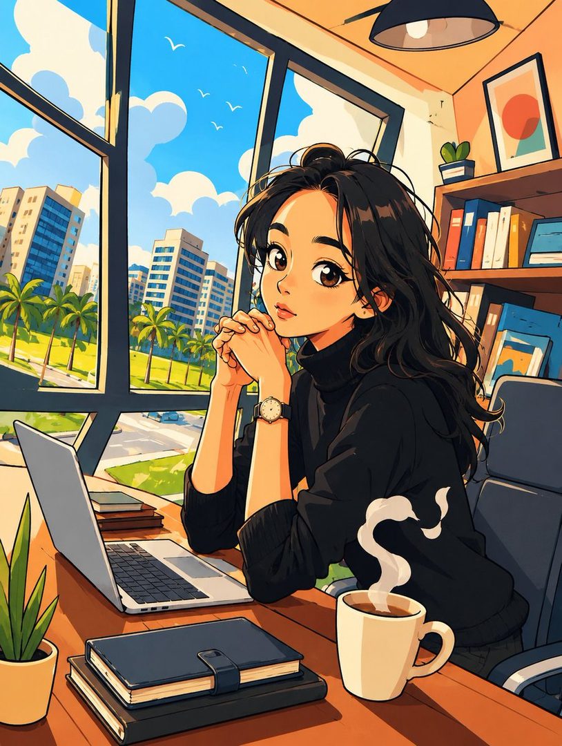 An anime-style illustration of a young woman with long black hair wearing a black turtleneck, sitting at a desk with a laptop and a steaming mug, looking out a large window at a city skyline with palm trees.