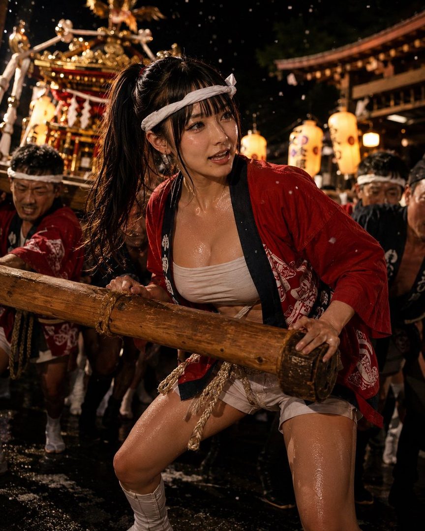 A woman with dark hair in a ponytail, wearing a red happi coat and white headband, participates in a night festival, looking sweaty and energetic while holding a wooden beam.