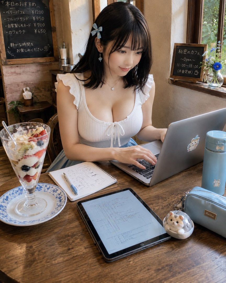 A young woman with black hair and a white top is working on a laptop at a cafe table, with a fruit parfait and other items nearby.
