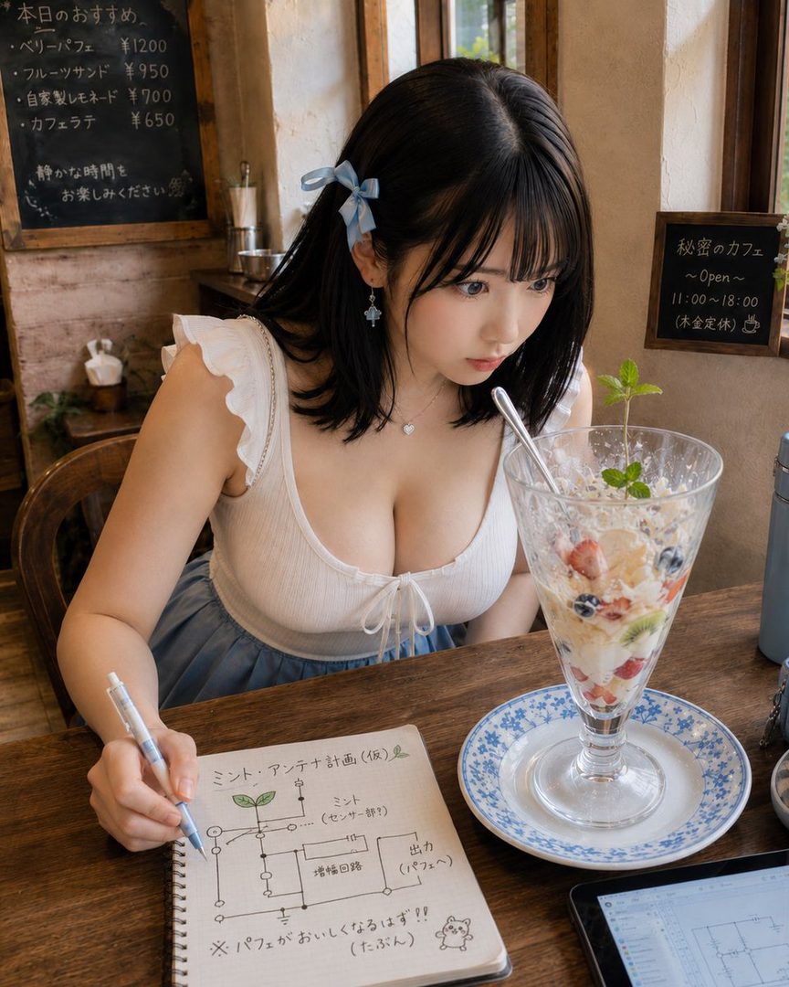 A young woman with black hair and a white top is sitting at a cafe table, looking at a notebook with a pen in her hand, next to a fruit parfait.