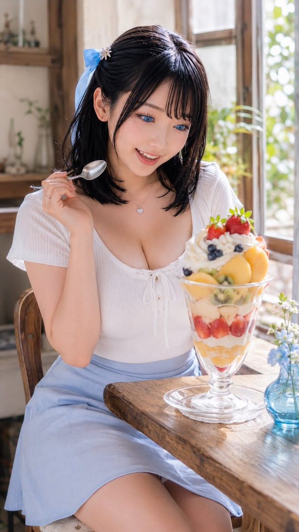 A smiling woman with black hair and blue eyes is sitting at a cafe table, about to eat a large fruit parfait.