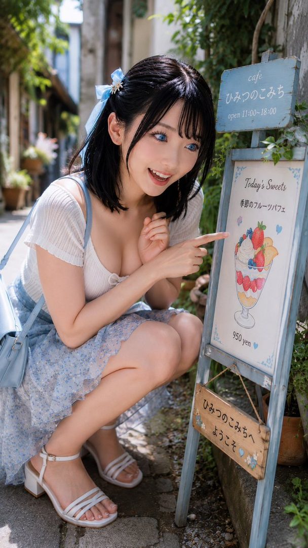 A young woman with black hair and blue eyes crouches down, pointing at a cafe menu board displaying a fruit parfait.