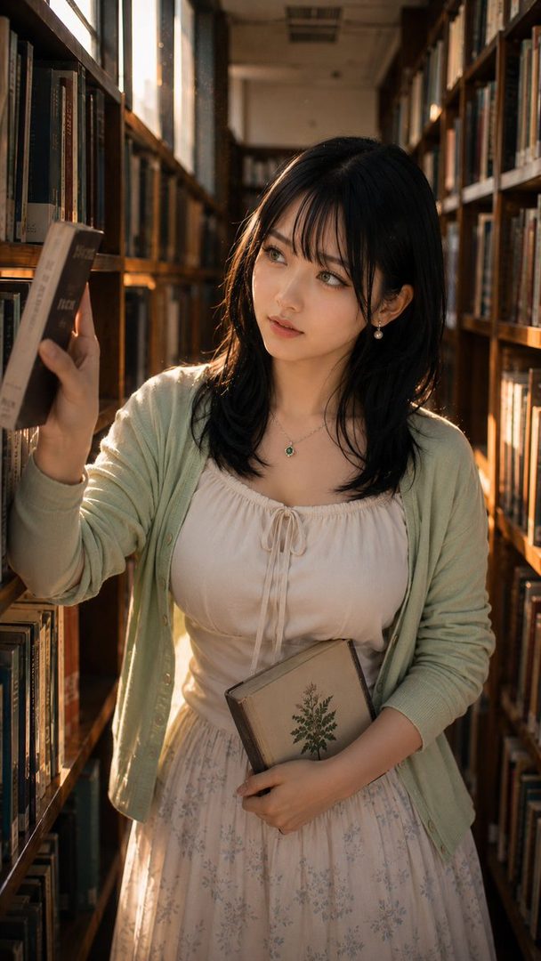 A young woman with black hair and bangs, wearing a light green cardigan over a white dress, stands in a library aisle, holding a book and looking thoughtfully at the shelves.